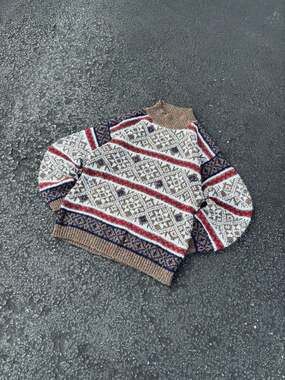 Vintage T.Q. Fair Isle Mock Neck Geometric Pattern Knit Sweater Medium
